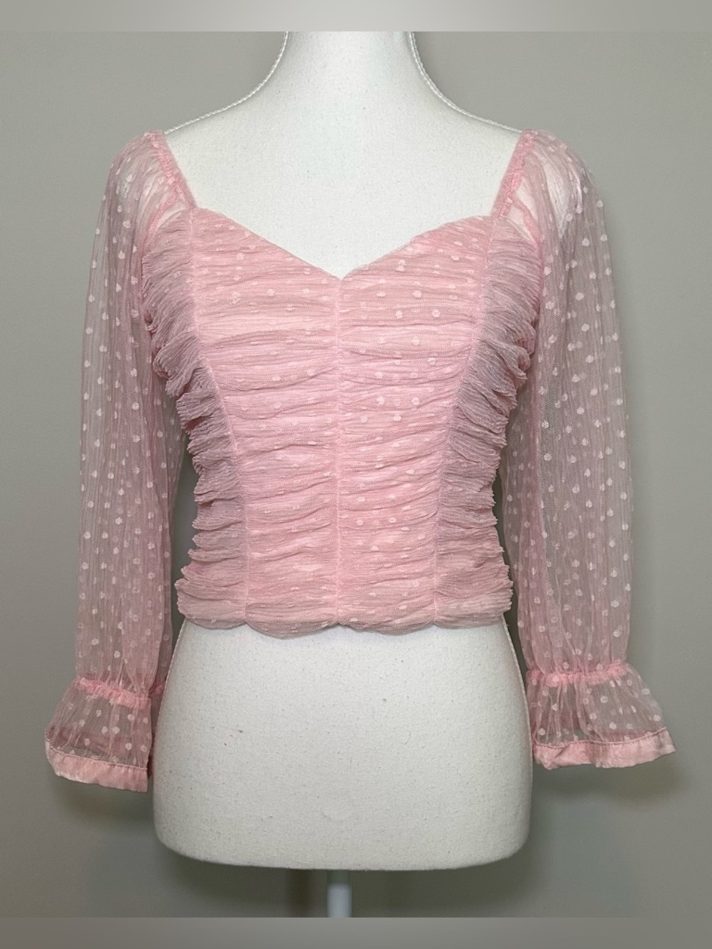 Pink Polka Dot Ruched Mesh Crop Top Sheer Sweetheart Feminine Romantic Y2K 90s S - Picture 2 of 12